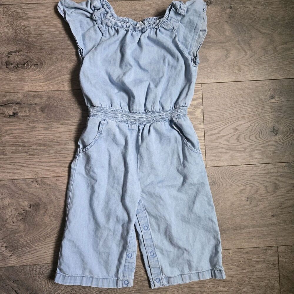 Cat & Jack Girls 3T Light Blue Chambray Denim Romper Jumpsuit Smocked Flutter
